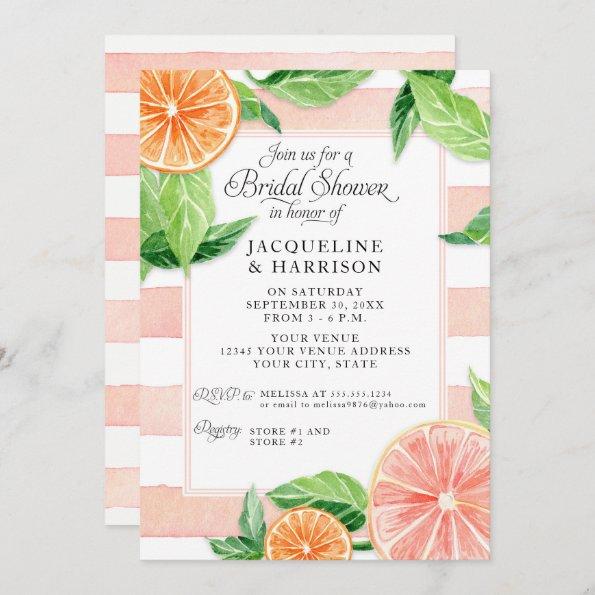 Watercolor Citrus Pink Grapefruit Bridal Shower Invitations