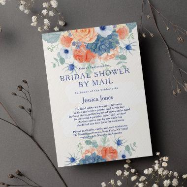 Watercolor coral blue floral Bridal Shower by Mail Invitations