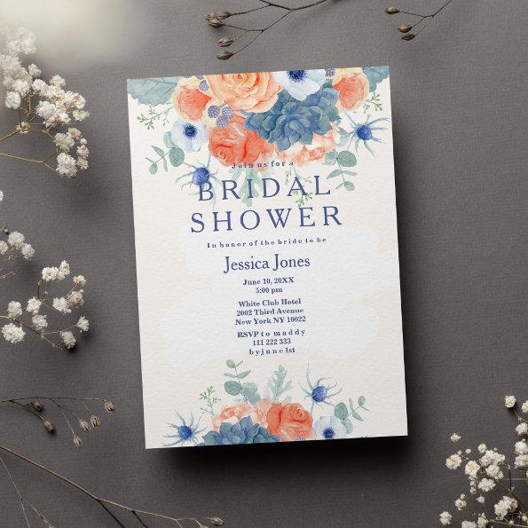 Watercolor coral blue rustic floral Bridal Shower Invitations