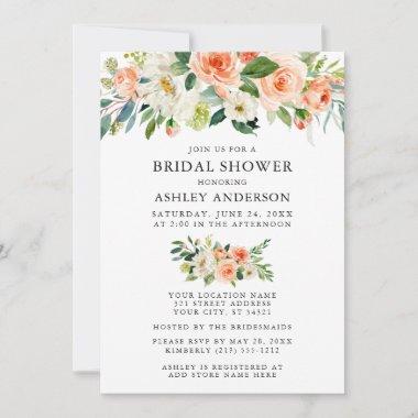 Watercolor Coral Floral Bridal Shower Elegant Invitations