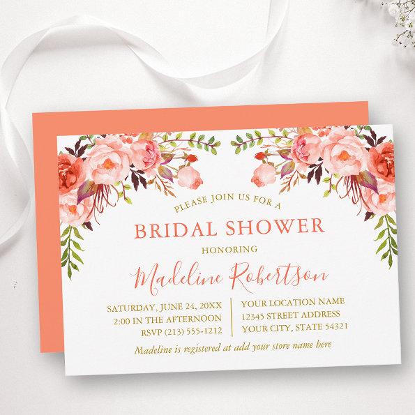 Watercolor Coral Floral Bridal Shower Gold Invitations
