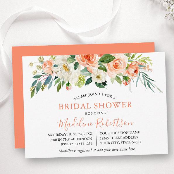 Watercolor Coral Floral Bridal Shower Invitations