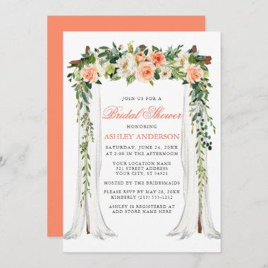 Watercolor Coral Floral Canopy Bridal Shower Invitations