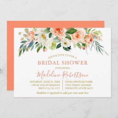 Watercolor Coral Floral Gold Bridal Shower Invitations