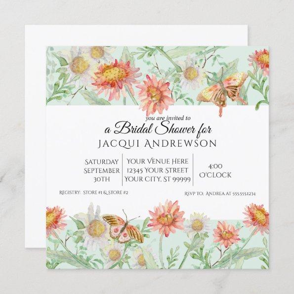 Watercolor Coral Mint Ivory Floral Bridal Shower Invitations