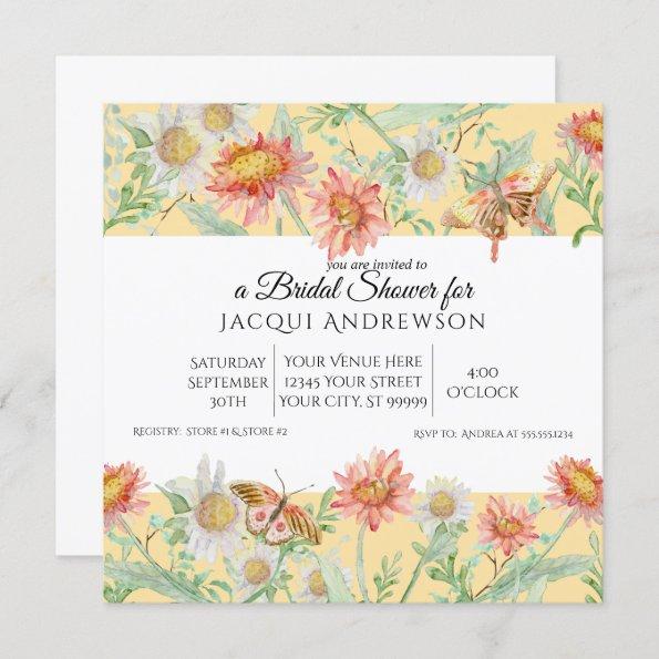 Watercolor Coral Mint Yellow Floral Bridal Shower Invitations