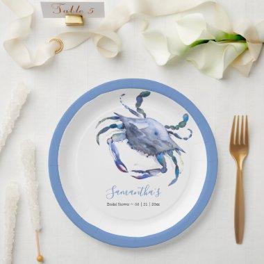 Watercolor Crab Dusty Blue Beach Bridal Shower Paper Plates