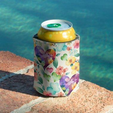 Watercolor cute blossom floral hearts pattern can cooler