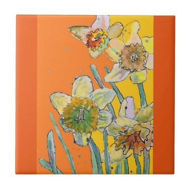 Watercolor Daffodil Flower Floral Orange Yellow Ceramic Tile