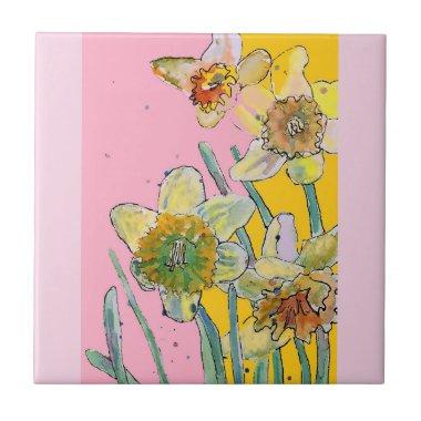 Watercolor Daffodil Flower Floral Pink Yellow Ceramic Tile