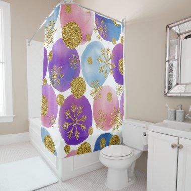 Watercolor Dots with Golden Glitters and Snowflake Shower Curtain