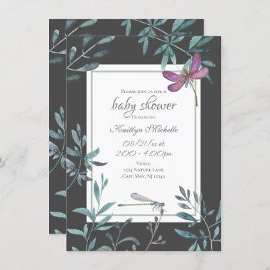 Watercolor Dragonfly Garden Greenery Baby Shower Invitations