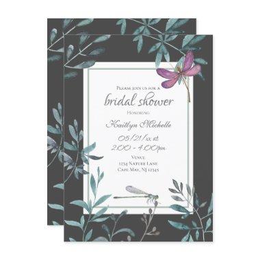 Watercolor Dragonfly Garden Greenery Bridal Shower Invitations