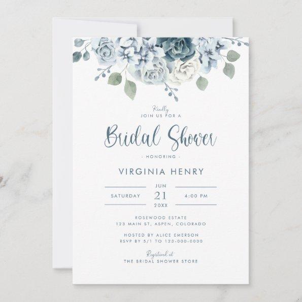 Watercolor Dusty Blue Bridal Shower Invitations