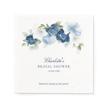 Watercolor Dusty Blue Floral Bridal Shower Paper Napkins