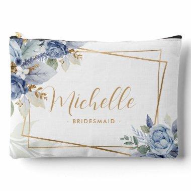 Watercolor Dusty Blue & Gold Floral Bridesmaid Accessory Pouch