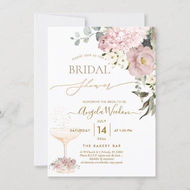 Watercolor Dusty Roses Hydrangea Bridal Shower Invitations