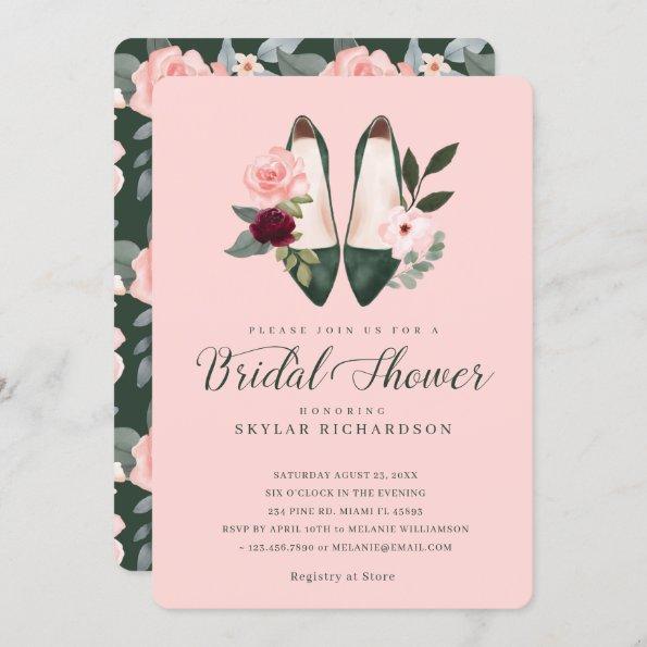 Watercolor Emerald High Heel Floral Bridal Shower Invitations