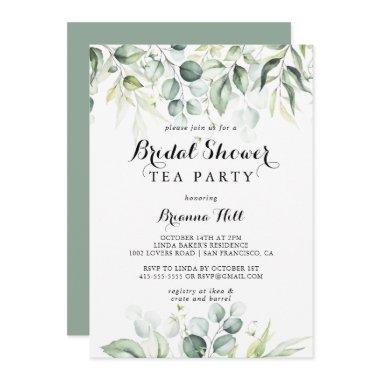 Watercolor Eucalyptus Bridal Shower Tea Party Invitations