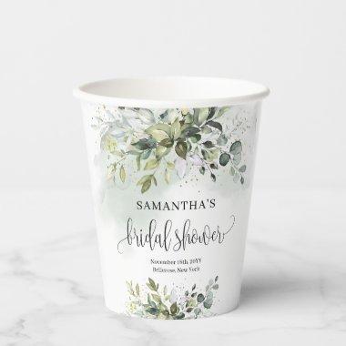 Watercolor eucalyptus greenery gold  paper cups