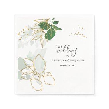 Watercolor Eucalyptus Greenery Gold Leaves Wedding Napkins