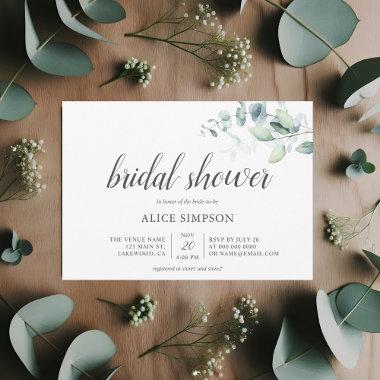 Watercolor Eucalyptus Modern Script Bridal Shower Invitations