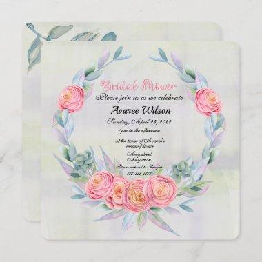 Watercolor Eucalyptus Wreath and Pink Roses Invitations