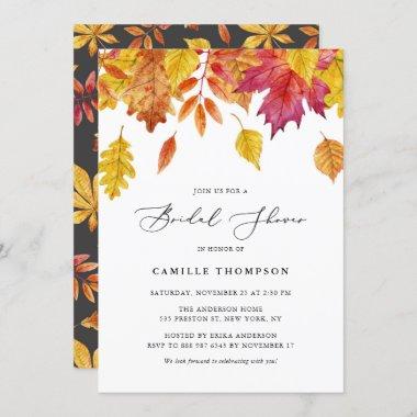 Watercolor Falling Leaves Autumn Bridal Shower Invitations