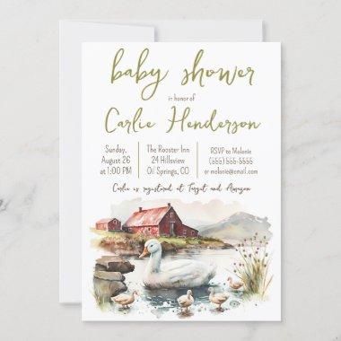 Watercolor Farm Duck with Ducklings Baby Shower Invitations