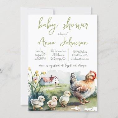 Watercolor Farm Hen with Chicks Baby Shower Invitations