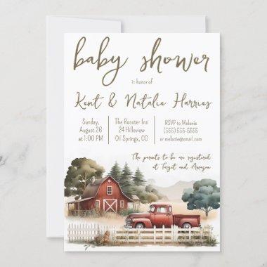 Watercolor Farm, Truck, Landscape Baby Shower Invitations