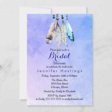 Watercolor Feathers on Bluish Purple Bridal Shower Invitations