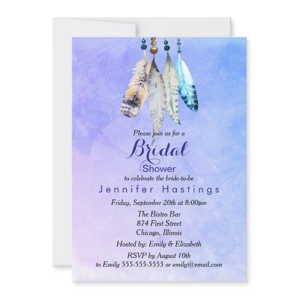 Watercolor Feathers on Bluish Purple Bridal Shower Invitations