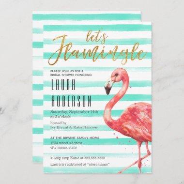 Watercolor Flamingle Mint Stripes | Bridal Shower Invitations