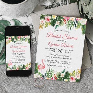 Watercolor Flamingo Tropical Floral Bridal Shower Invitations