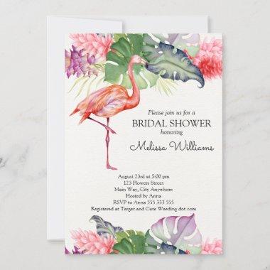 Watercolor Flamingo Tropical Summer Bridal Shower Invitations