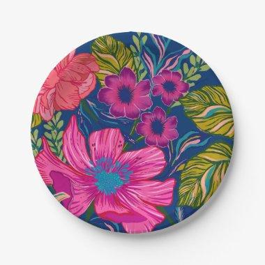 Watercolor floral and botanical blue  paper plates