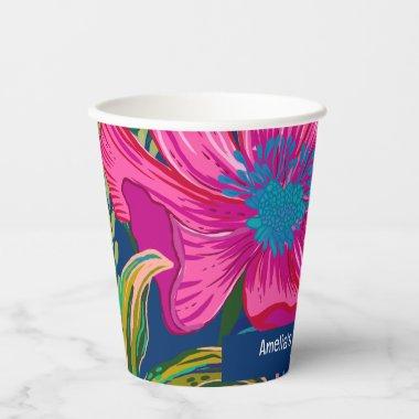 Watercolor floral and botanical pink  paper cups