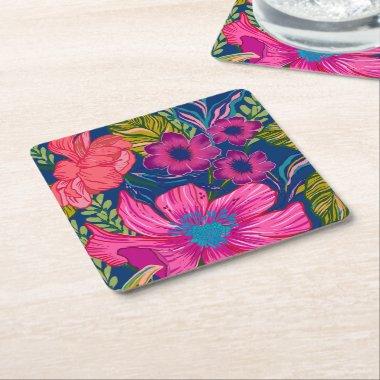Watercolor floral and botanical pink  square paper coaster