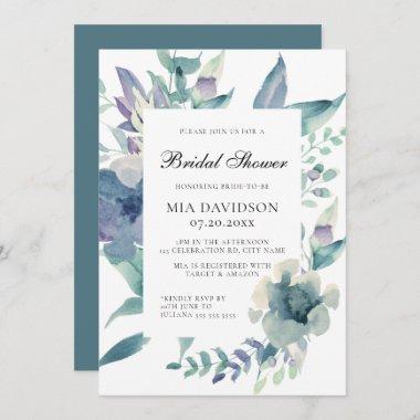 Watercolor Floral Blue Purple Green Bridal Shower Invitations