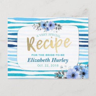 Watercolor Floral Blue Stripe Bridal Shower Recipe Invitation PostInvitations