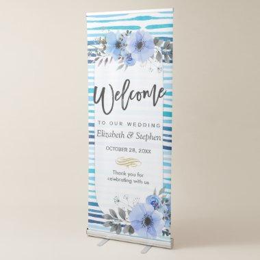 Watercolor Floral & Blue Stripes Wedding Welcome Retractable Banner