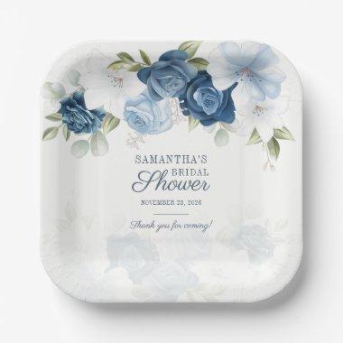 Watercolor Floral Blue White Flowers Greenery Paper Plates