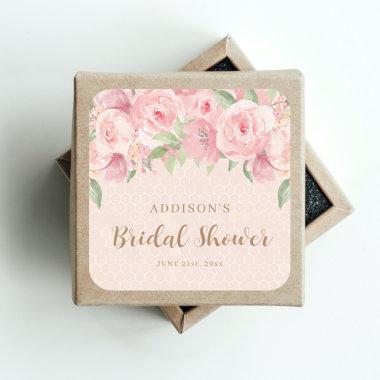 Watercolor Floral Blush Pink Gold Bridal Shower Square Sticker