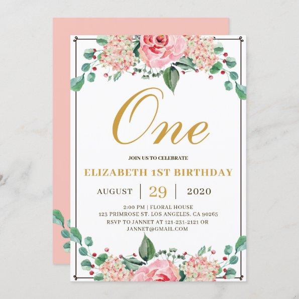 Watercolor Floral Blush Pink Gold Modern Birthday Invitations
