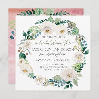 Watercolor Floral Blush White Roses Leaves Wreath Invitations