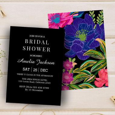 Watercolor floral botanical black bridal shower Invitations