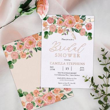 Watercolor Floral Bouquet Pink Peach Bridal Shower Foil Invitations