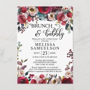 Watercolor Floral Burgundy Brunch Bridal Shower Invitations