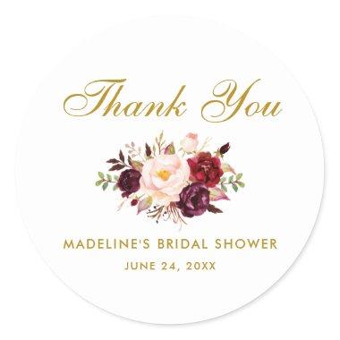 Watercolor Floral Burgundy Gold Bridal Shower Classic Round Sticker